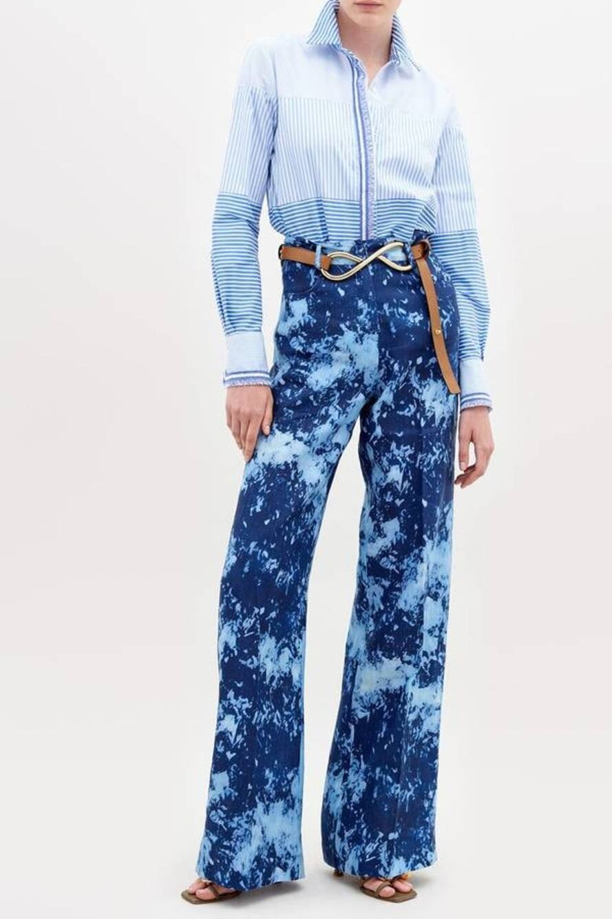 Silvia Tcherassi Emine Wide Leg Linen Pants in Indigo Tie Dye M